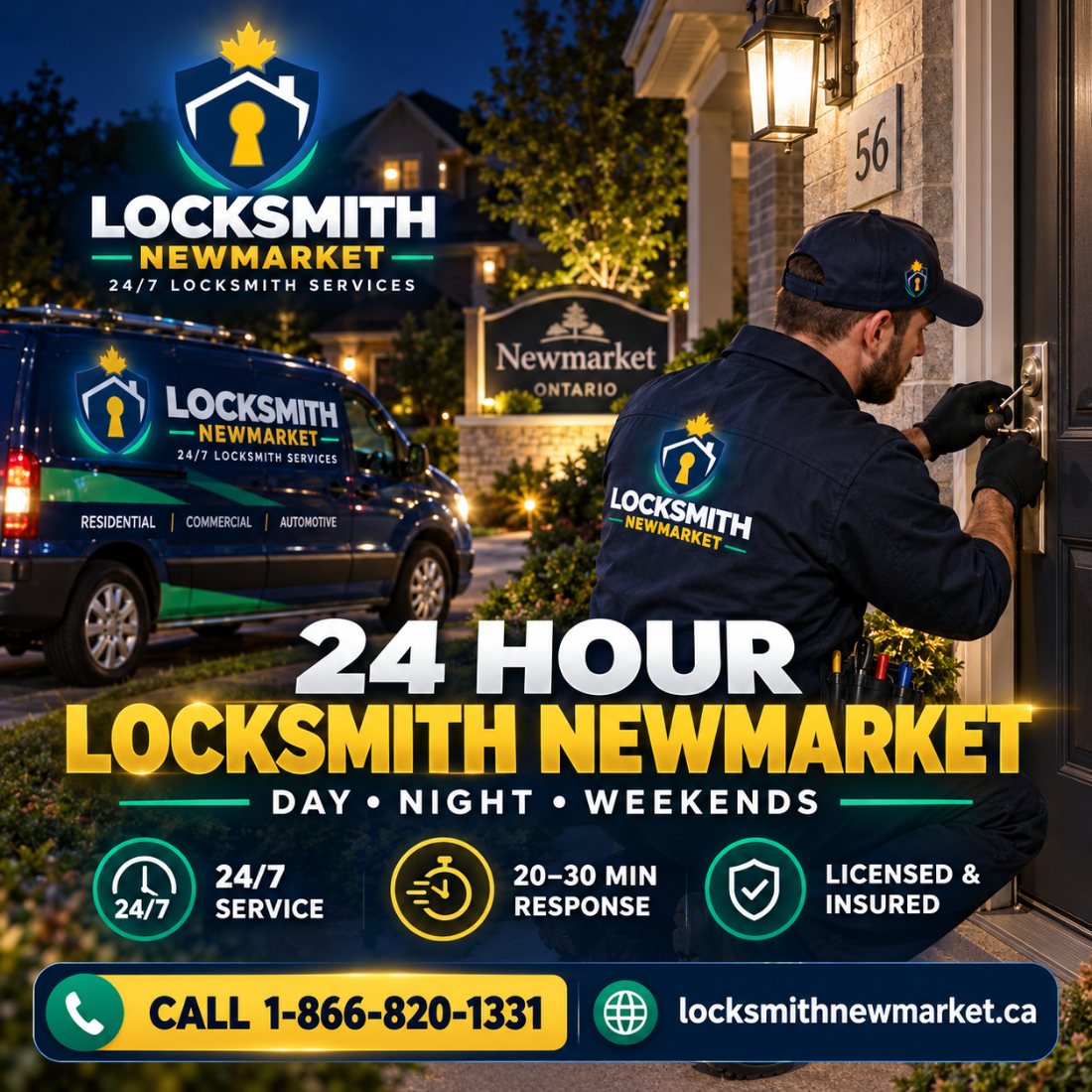 24 hour locksmith working on a door lock at night in Newmarket
