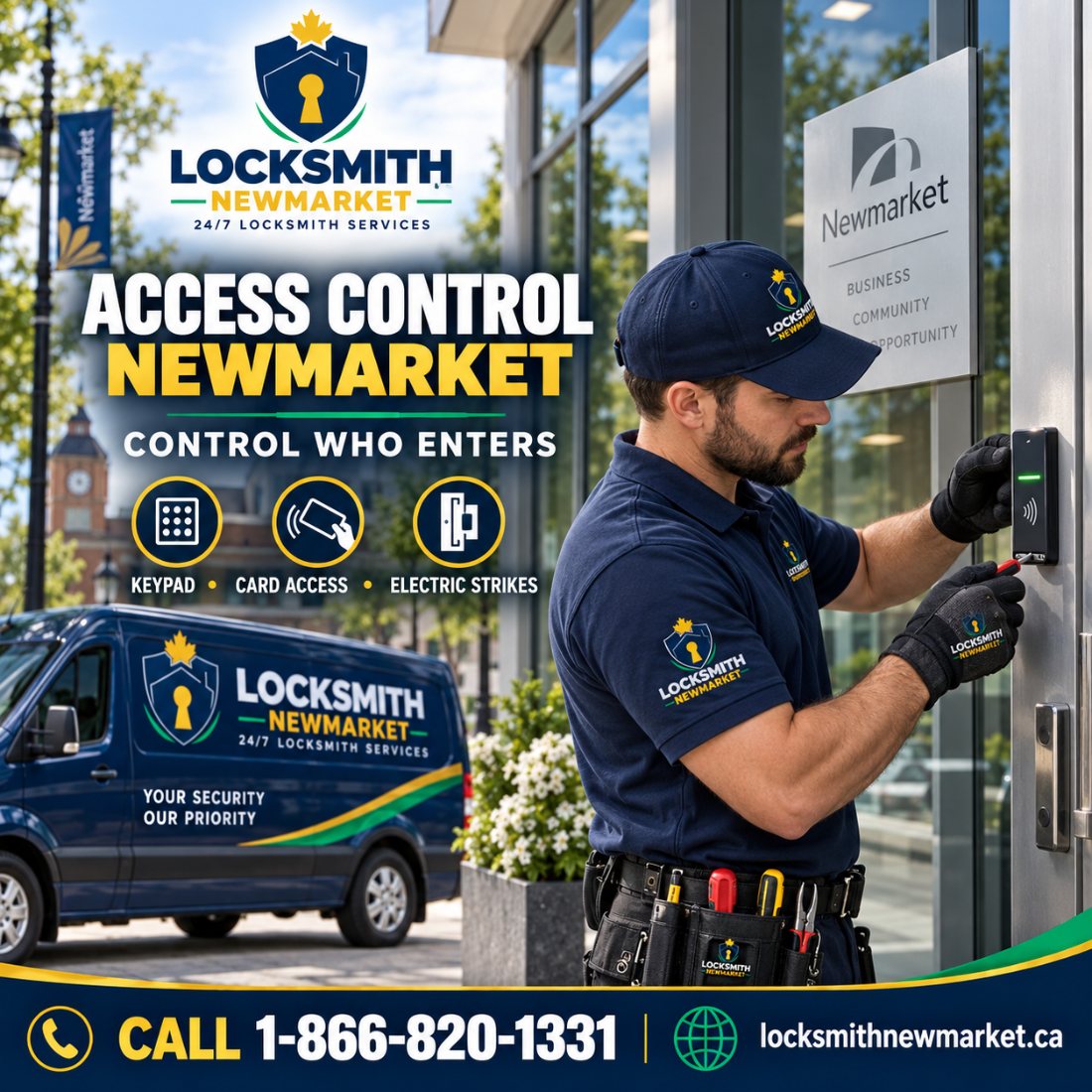 Technician installing a keypad access control reader on a Newmarket building