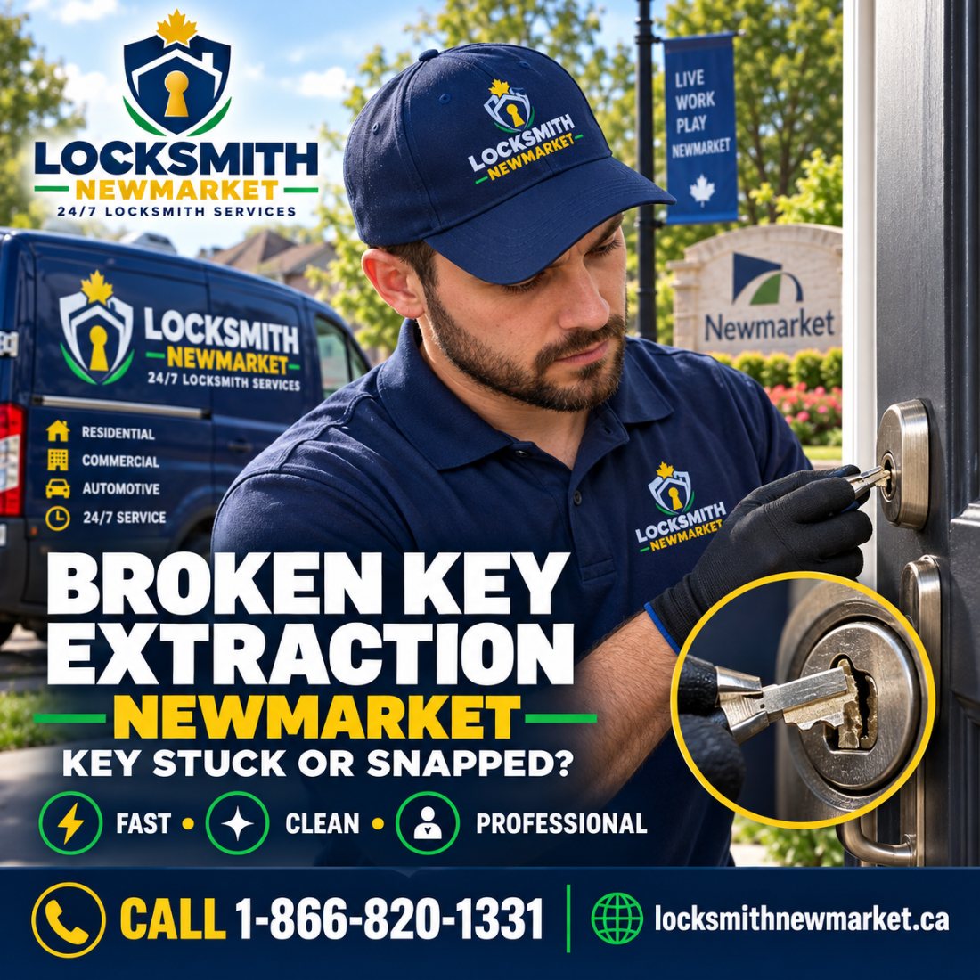 Locksmith extracting a broken key from a lock cylinder in Newmarket