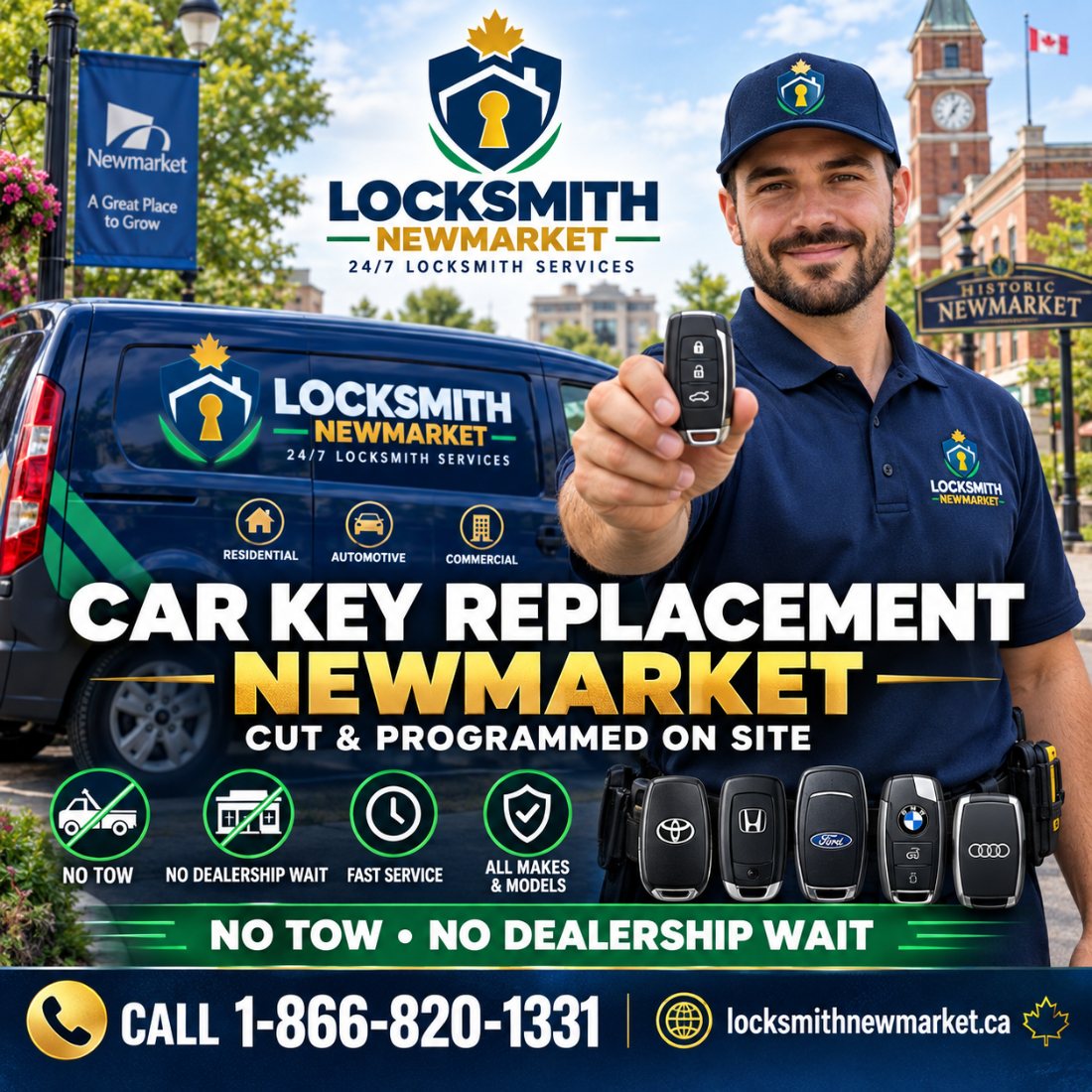 Locksmith holding a newly cut and programmed car key in Newmarket