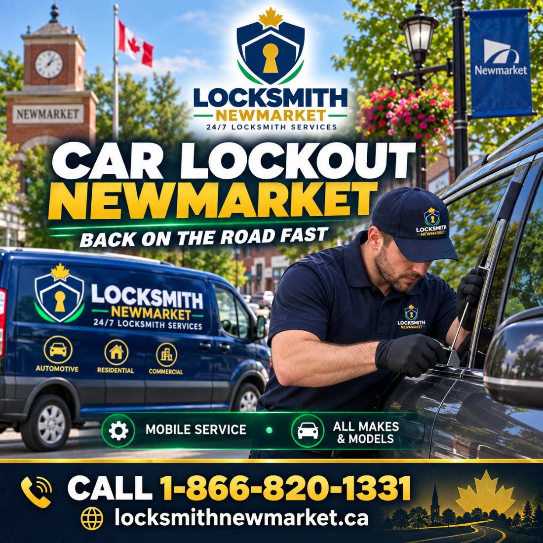 Auto locksmith opening a locked car door in Newmarket
