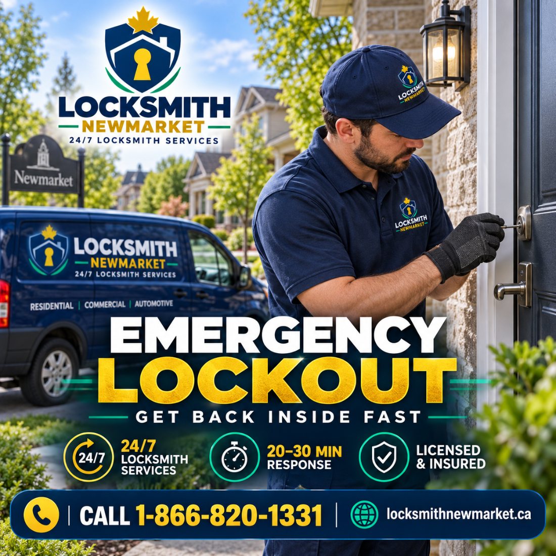 Locksmith opening a locked front door during an emergency lockout in Newmarket