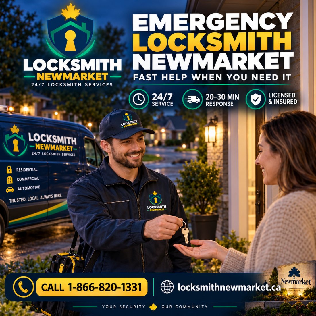 Emergency locksmith handing keys to a customer at a Newmarket front door at night