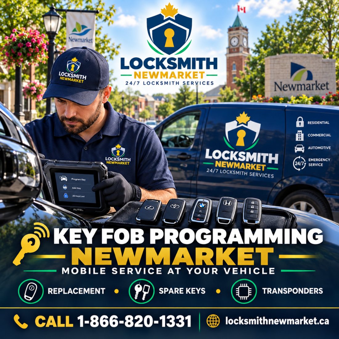 Locksmith programming a car key fob at the vehicle in Newmarket