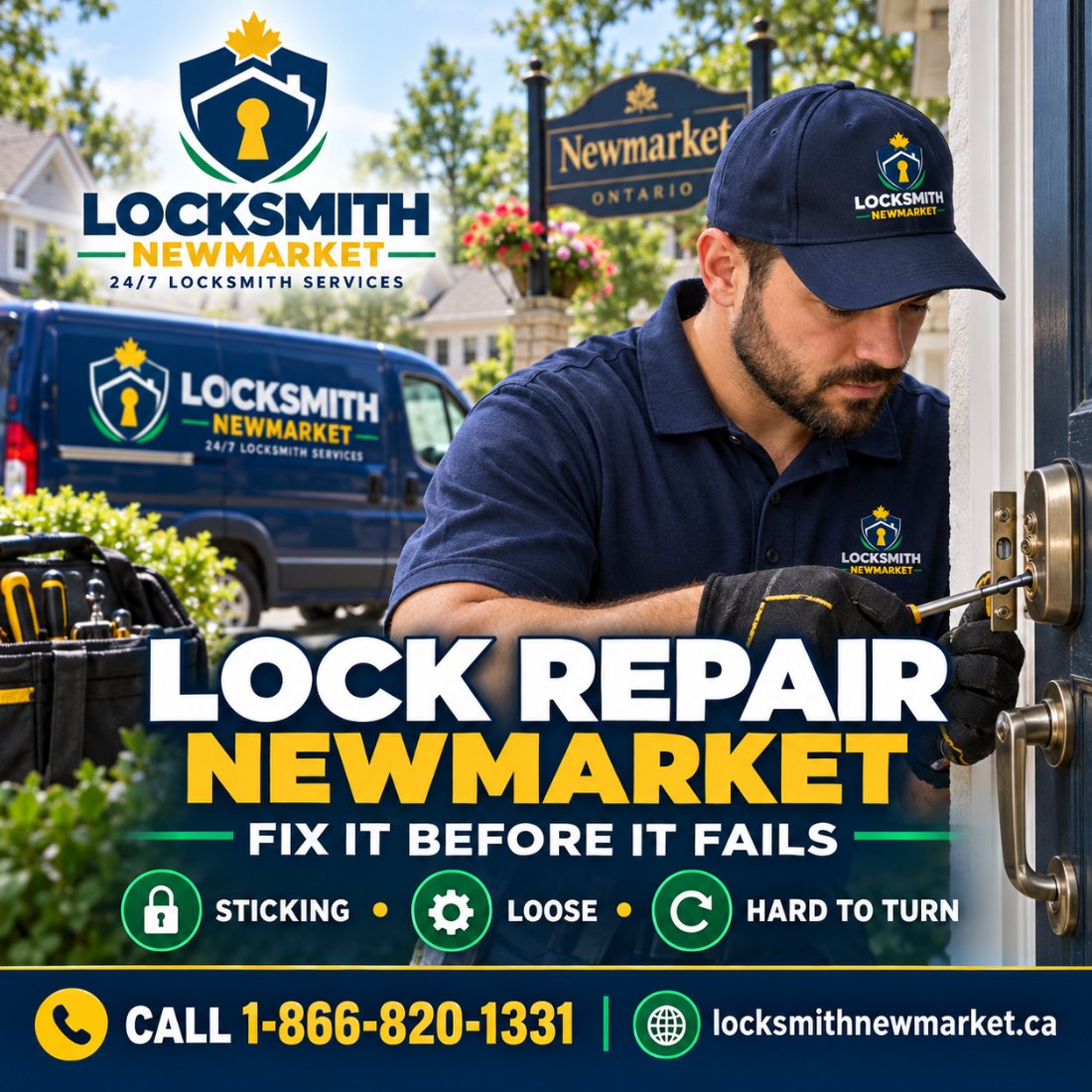 Locksmith repairing a sticking door lock in Newmarket