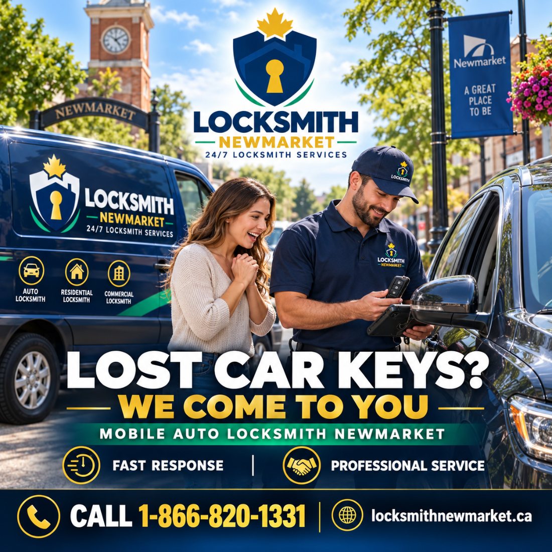Mobile auto locksmith cutting a replacement key for a driver in Newmarket