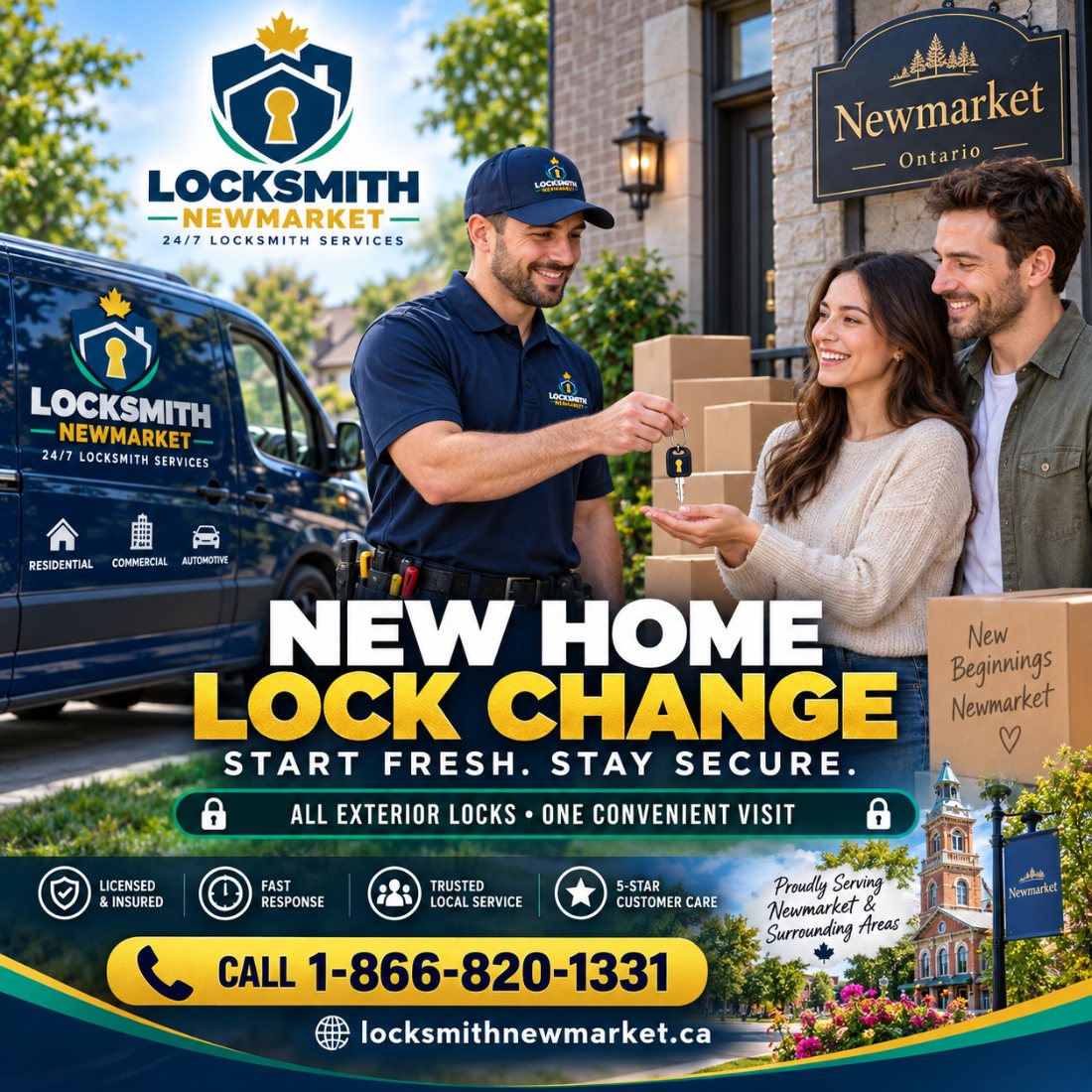 Couple moving into a new Newmarket home while the locksmith changes the locks