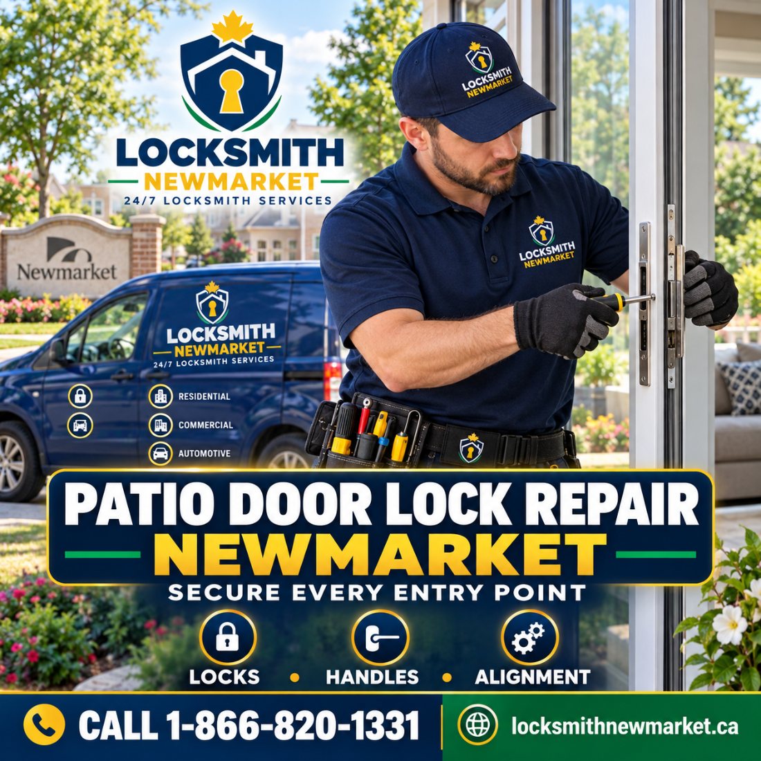 Locksmith repairing a sliding patio door lock in Newmarket