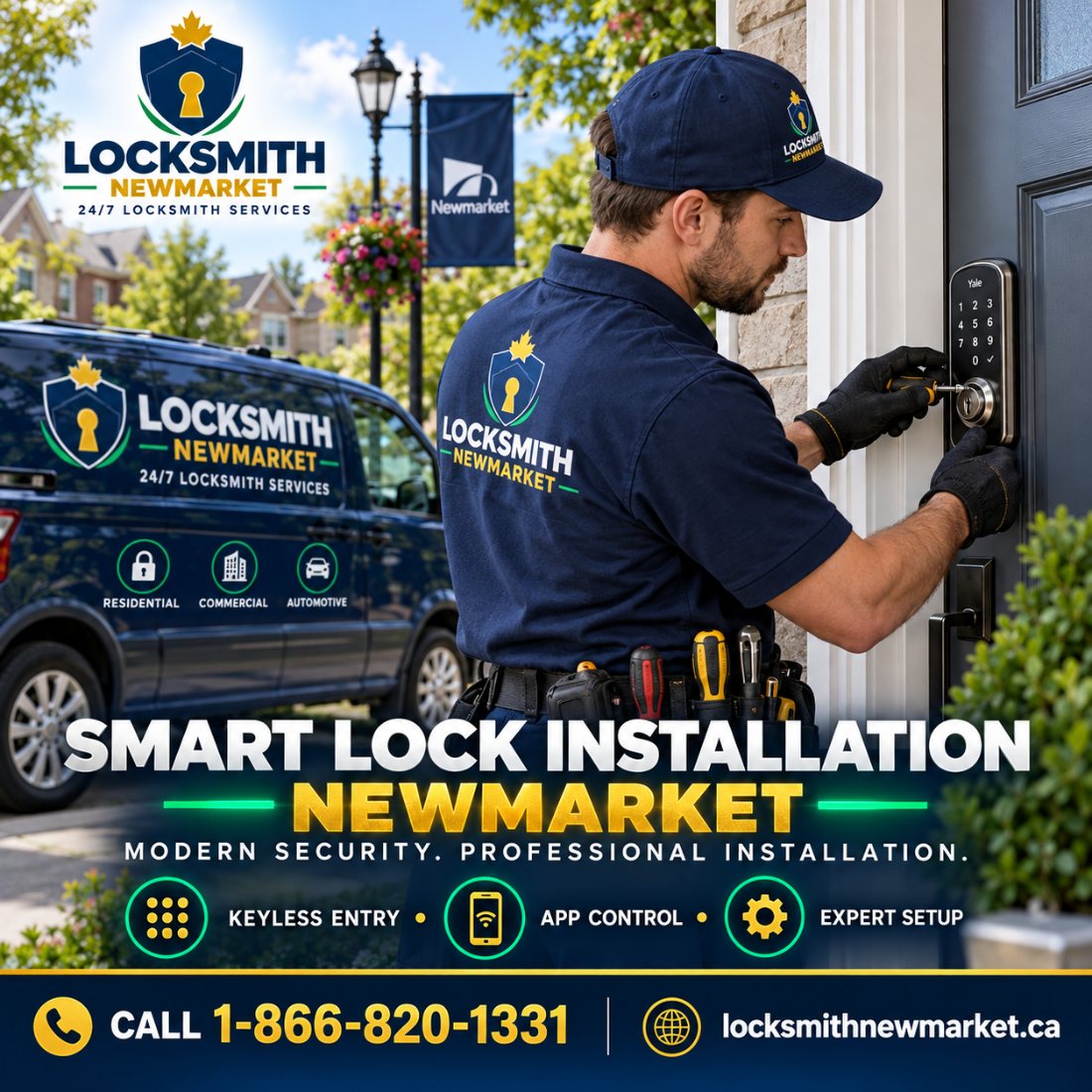 Locksmith installing a keyless smart lock on a Newmarket front door