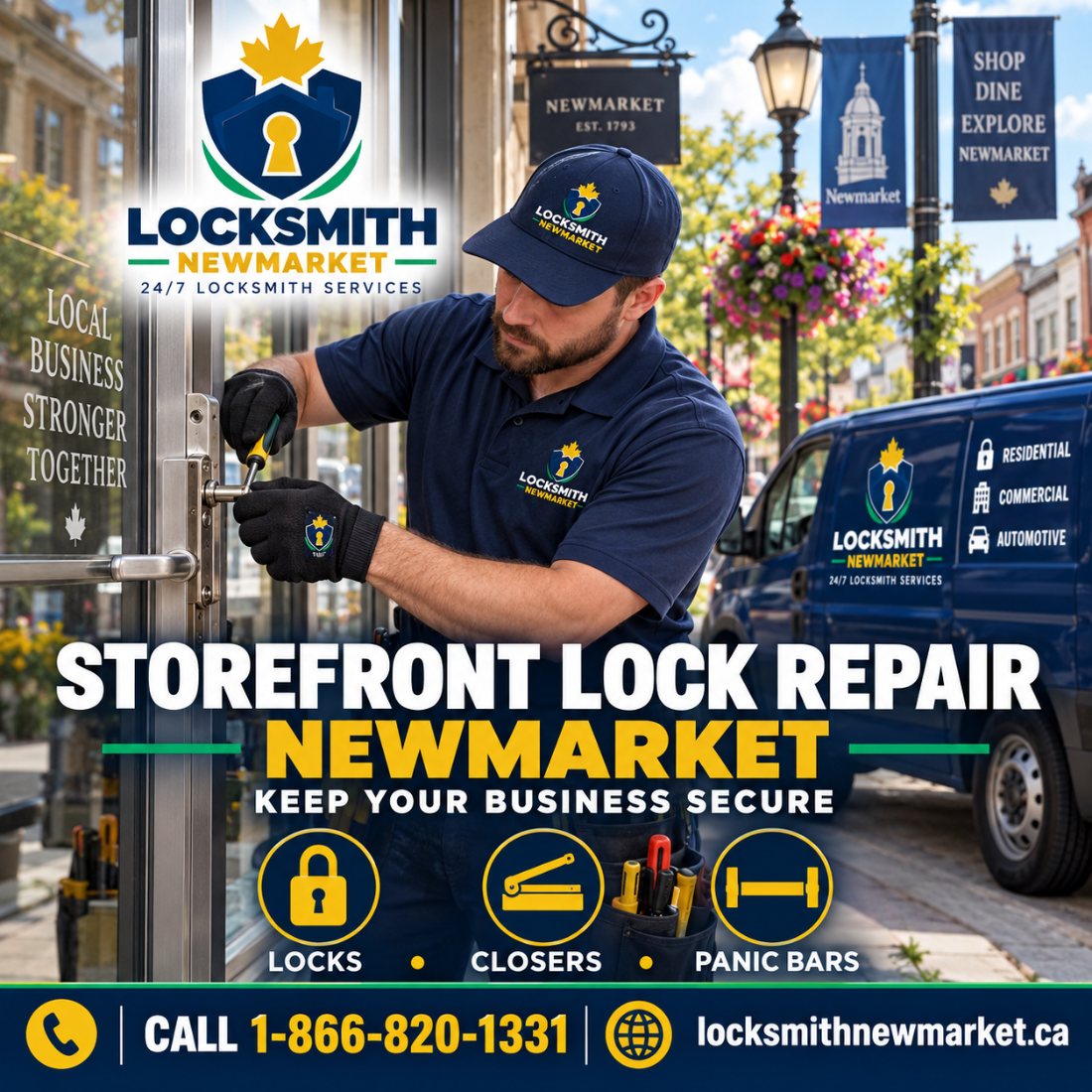 Locksmith repairing a commercial storefront door lock in Newmarket